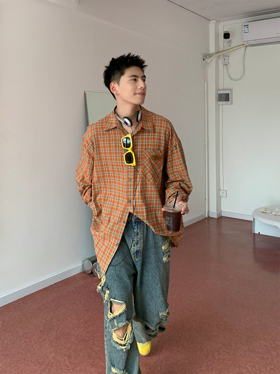 2023 Holocene American trendy Korean version orange plaid shirt Men's long sleeved loose and versatile lazy coat streetwear