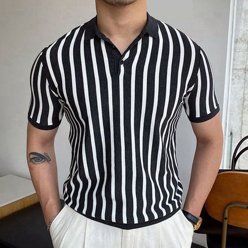 2023 Spring Summer Short Sleeve Knitted Stripe Polo Shirt Casual Men Button Turn-down Collar Tops Men Fashion Polos Tee