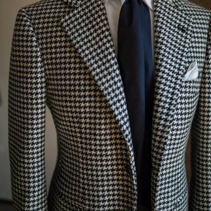 Houndstooth Business Blazer for Men 2024 Plaid Notched Lapel Suit Jacket Formal Male Fashion Coat