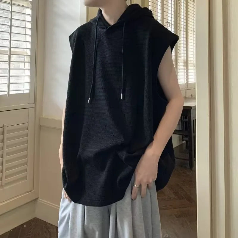 Hooded Vests Men Solid Simple American High Street Baggy Sleeveless Teens Summer Breathable Korean Fashion Ins Y2k Tops BF Chic