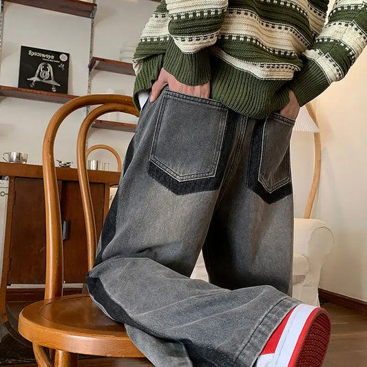 Man Cowboy Pants Straight Vintage Men's Jeans Patchwork Trousers Wide Leg with Pockets Original Casual Japanese Street Style Y2k