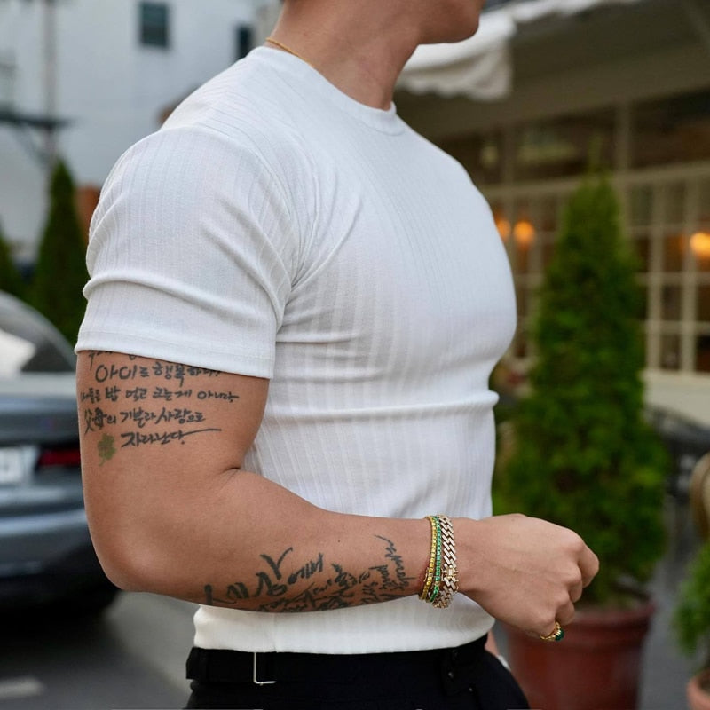 Fashion Solid Color Ribbed Slim T Shirts Men's Streetwear Classic Simple Crew Neck Short Sleeve Tees Summer Leisure Men Clothes