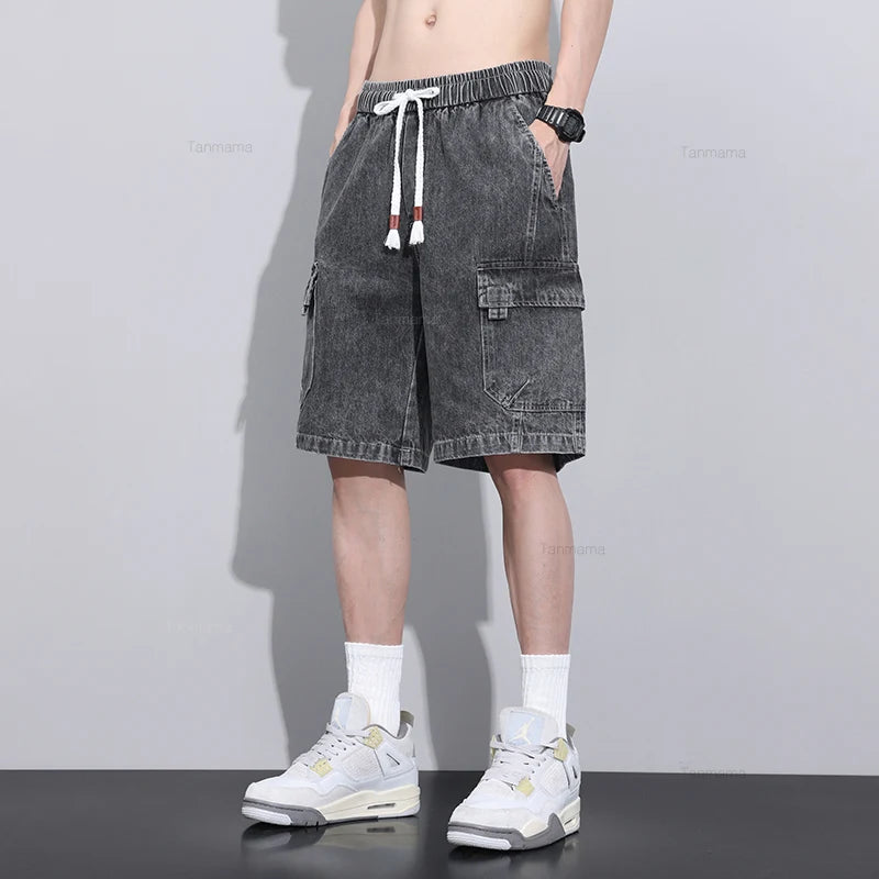 Summer New Men's Denim Shorts Elastic Waist Baggy Casual Knee-length Cargo Pants Fashion Korean Oversized Streetwear Blue Grey