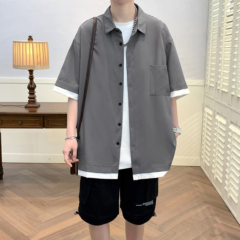 Fake-two Piece Casual Shirts Men Plus Size 5XL Korean Fashion Patchwork Shirt Loose Handsome High Street Blousee