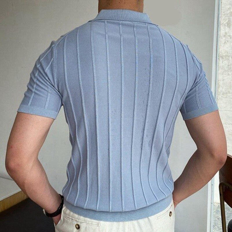 Spring Summer Knit Polo Shirt Men Casual Turn-down Collar Bussiness Fashion Striped Solid Slim Tops Ice Silk Cotton T-shirt