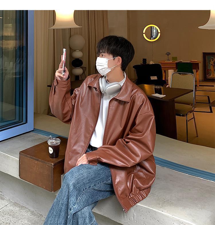 All Match Autumn Winter Fashion Men Solid Casual Shirt Loose Pockets Safari Style Leather Jacket Coat Cool Boy Soft