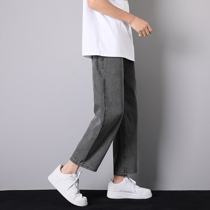 Autumn New Men's Street Loose Jeans Korean Fashion Elastic Waist Design Light Blue Denim Wide-Leg Pants Male Smoke Grey