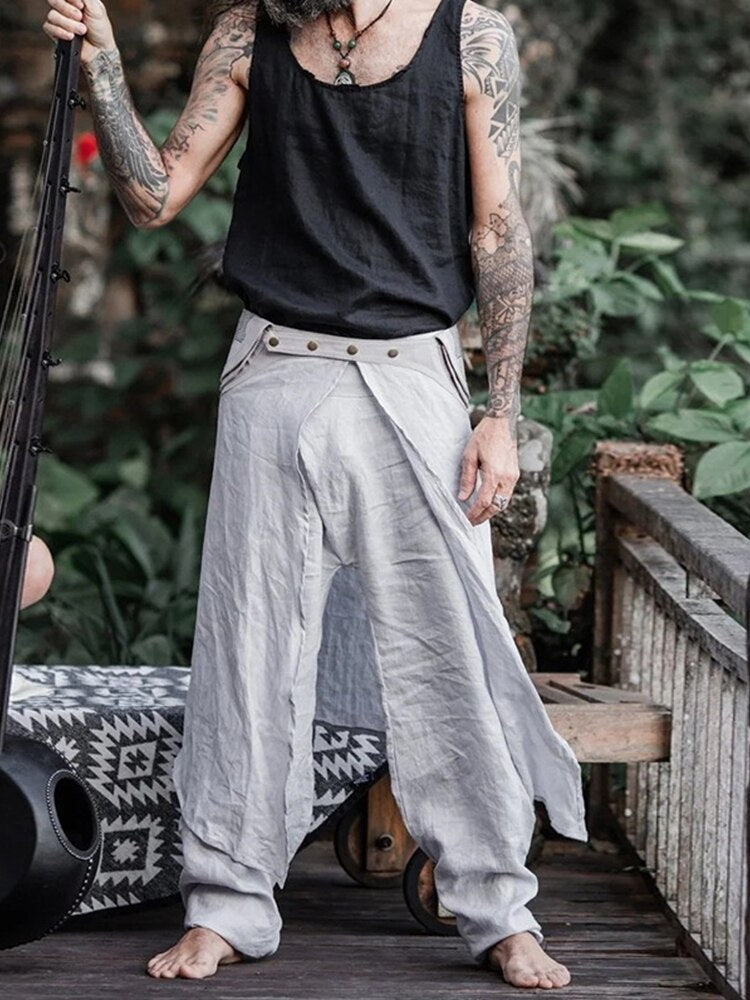 Mens Linen Wrap Pants with Skirt Overlay and Pocket Belt / Grey