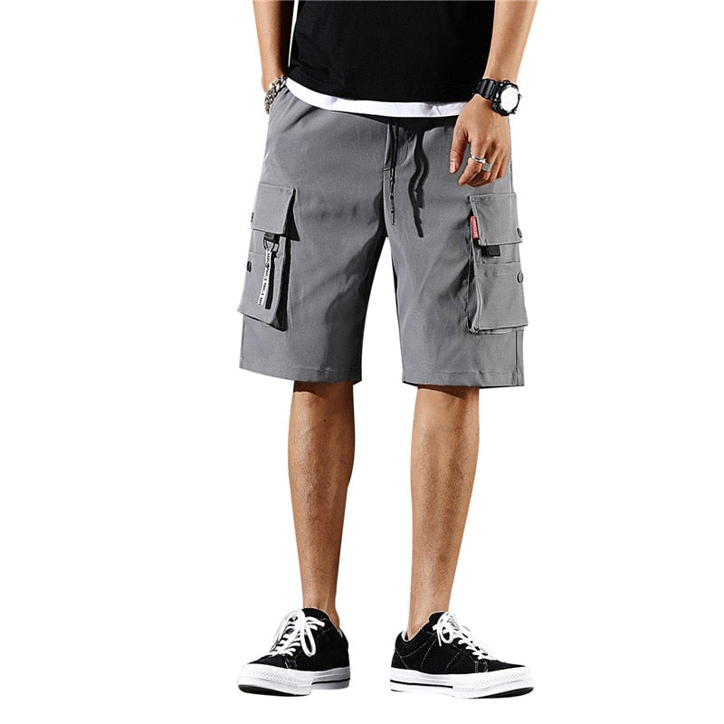 Men Cargo Shorts Tactical Joggers Shorts Work Casual Pants Male Multi Pockets Buttons Loose Wide Leg Knee Length Summer Shorts