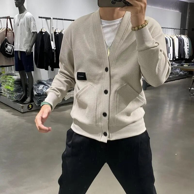 Y2k V-neck Button Sweatshirt Male Cardigan Niche Design 2023 Autumn New Trendy Harajuku Loose Solid Color Sweatshirts Coat