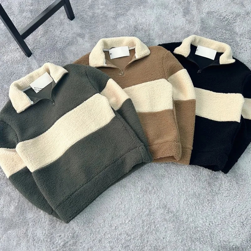 FORUWISH  -  Street vintage half-zip turtleneck pullover for women y2k Harajuku Fashion Winter loose hoodie couple striped lazy pullover