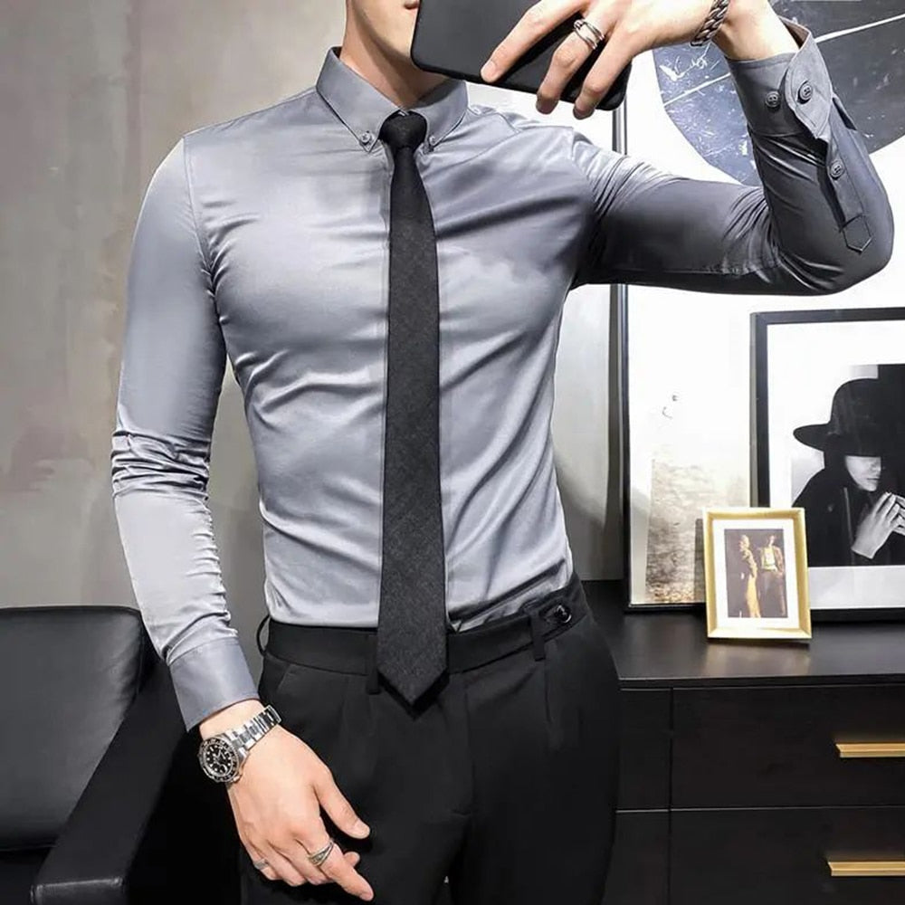 Italian Gentleman Non-ironing Slim Bright Color Men's Shirt Trendy Silky Satin British Style Formal Shirt Business Elegance