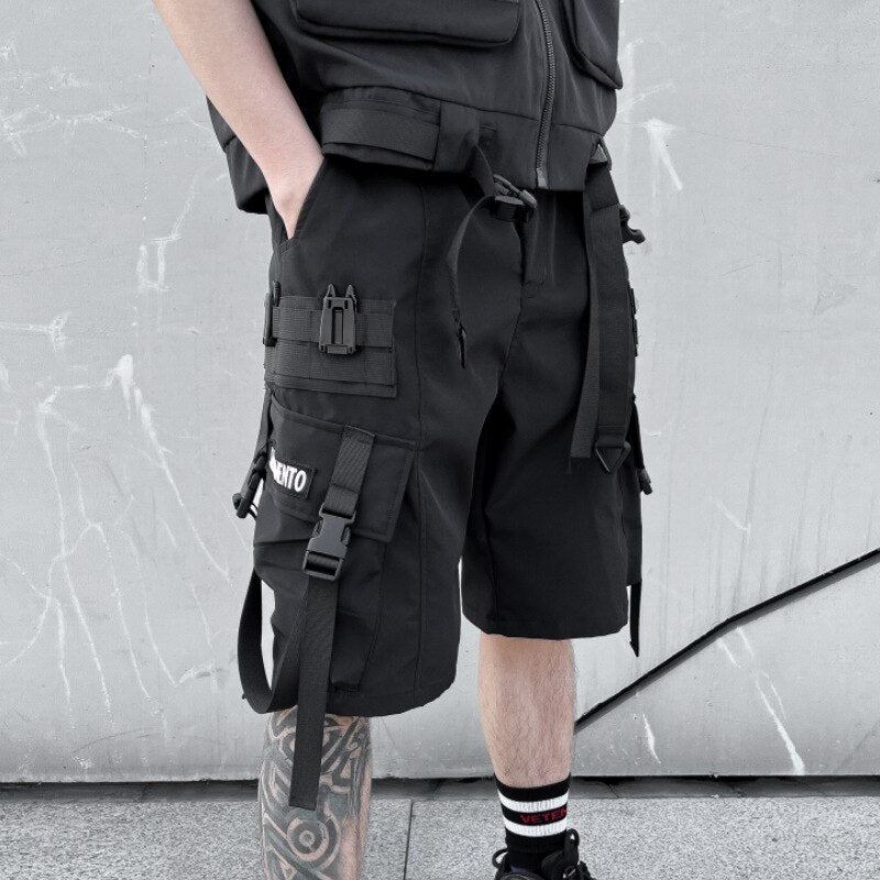 2023 Summer Techwear Cargo Shorts Rinbbons Multi Pockets Punk Hip Hop Short Pants For Man Street Casual Short Homme