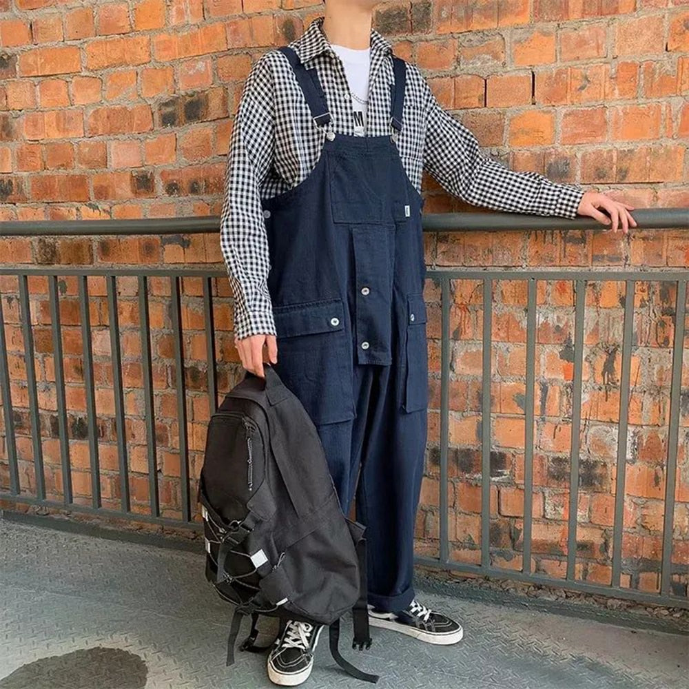 Men Denim Overalls Loose Baggy Street Hip Hop Japanese Style Multi-Pocket Streetwear Work Trousers Cargo Jumpsuit