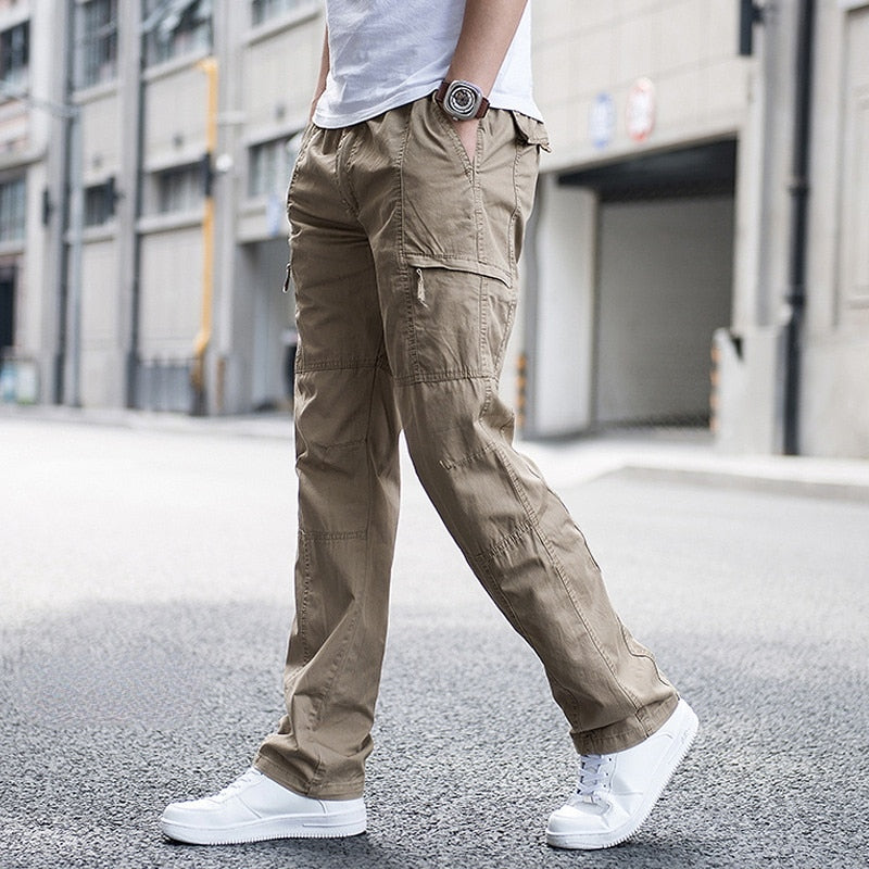 Big Size Men's Cargo Trousers Straight Leg Work Pant Men Loose Fit Cotton Summer Wide Overalls Male Side Multi Pocket large size