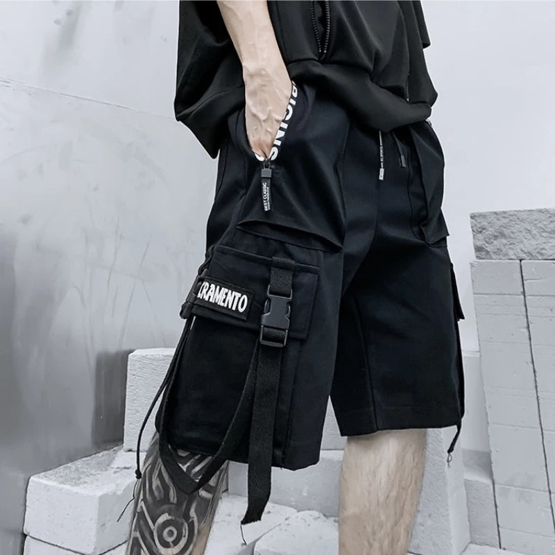 Men's Shorts Cargo Pants Man Casual Shorts Black Cargo Trousers Male Summer Gym Shorts Japanese Hip Hop Techwear Ribbons