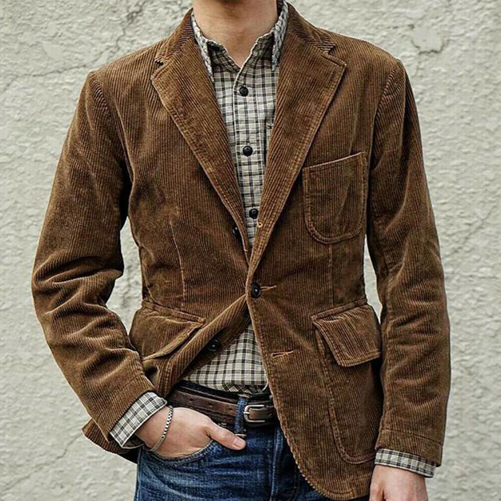 Men's Coat Corduroy Casual Suit With Shoulder Pads High-Quality Fashion Lapel Long-Sleeved Solid Color Jacket Winter Models