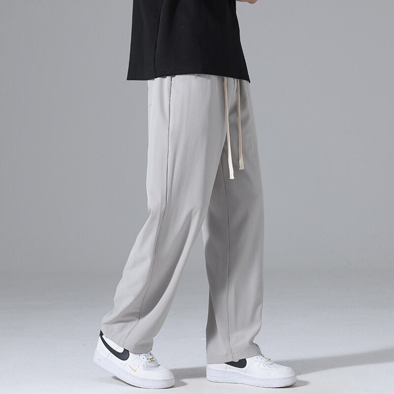 Summer Ultra-thin Men's Casual Pants Quick-drying Cool Baggy Straight Trousers Comfortable Elastic Waist Fashion Ice Silk Pants