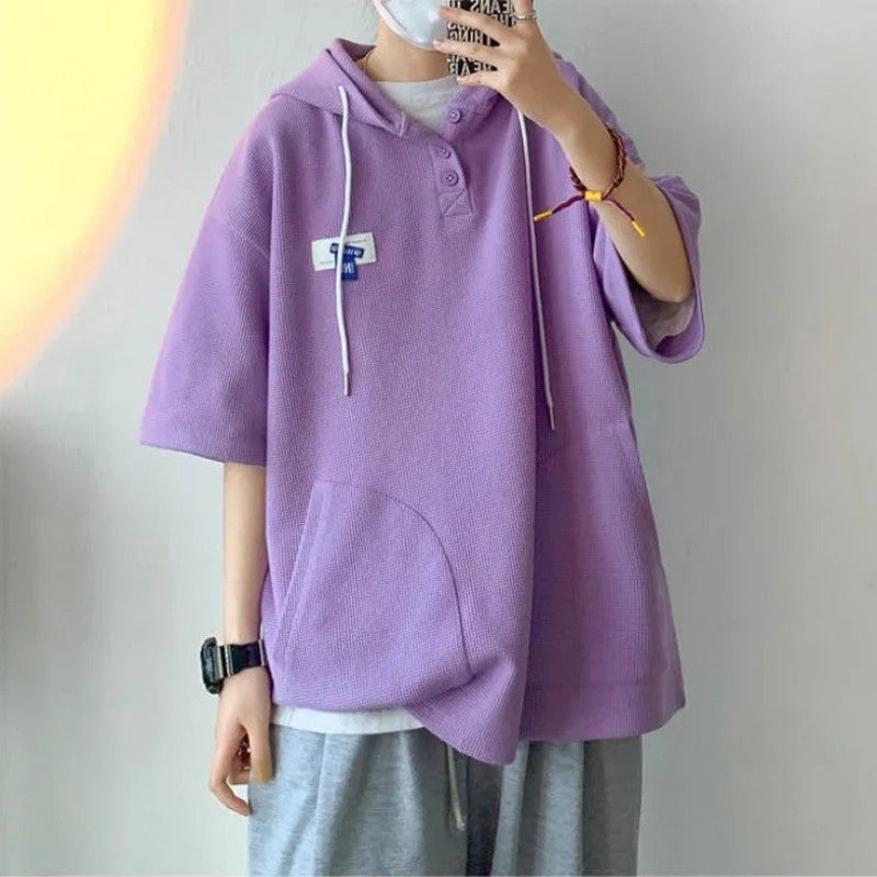 Spring Summer Fashion Solid Casual Men's Loose Sporty Cool Boys Soft College Style Waffle Hoodie Pullover Shirt Short Sleeve Top