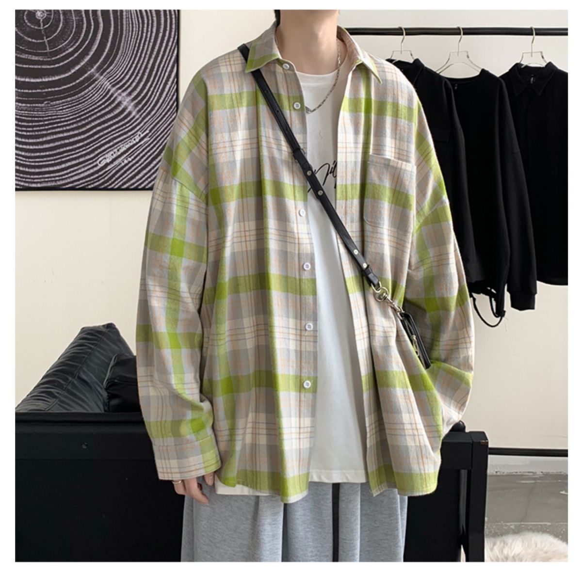 Spring Autumn Men's Casual Loose Versatile Tops Coat Cool Boys Solid Vertical Soft Breathable Plaid Long Sleeve T-Shirt