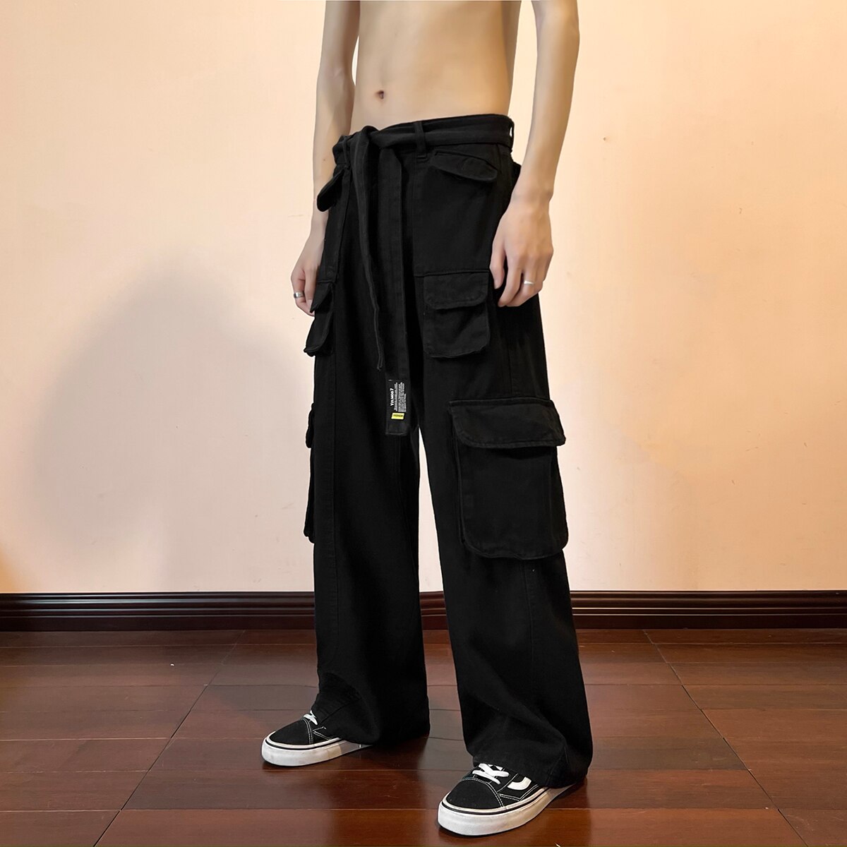 Multi-pockets Casual Hip-hop Cargo Pants Harajuku Men's Fashion Waistband Loose Wide Leg Pants Streetwear Mopping Trousers