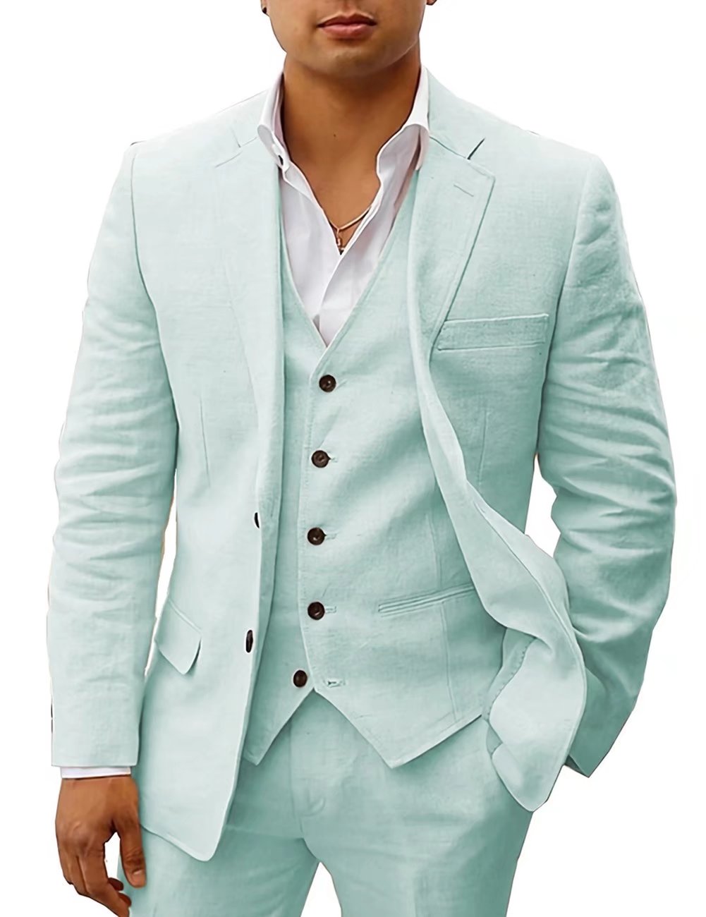 3Pcs Summer Linen Men Suits Jacket+Vest+Pants Solid Color Notch Lapel Formal Tuxedo Groom Beach Business Party Blazer Set