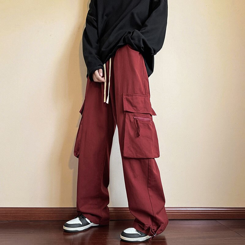 2023 Autumn Red Cotton Cargo Pants Men American Y2k Style Sweatpants Casual Loose Multi-pocket Pants Mens High Street Trousers