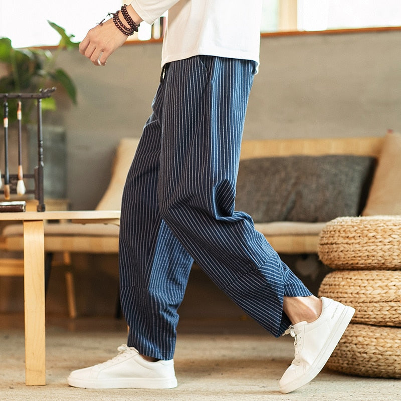 Chinese Style Men's Pants Summer New Striped Cotton Linen Wide Leg Casual Oversized Harem Pants Lantern Trousers Male Clothing