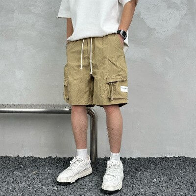 Tooling Shorts Men's Summer Loose Solid Color Five-point Beach Pants Trendy Ins Drawstring Multi-Pocket Short Pants Male