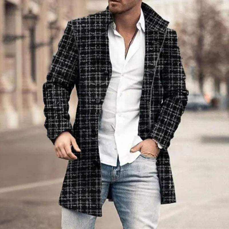 Vintage Plaid Printed Wool Jacket Coat Men Fall Winter Fashion Single Breasted Lapel Jackets Classic Slim Long Sleeve Outerwear