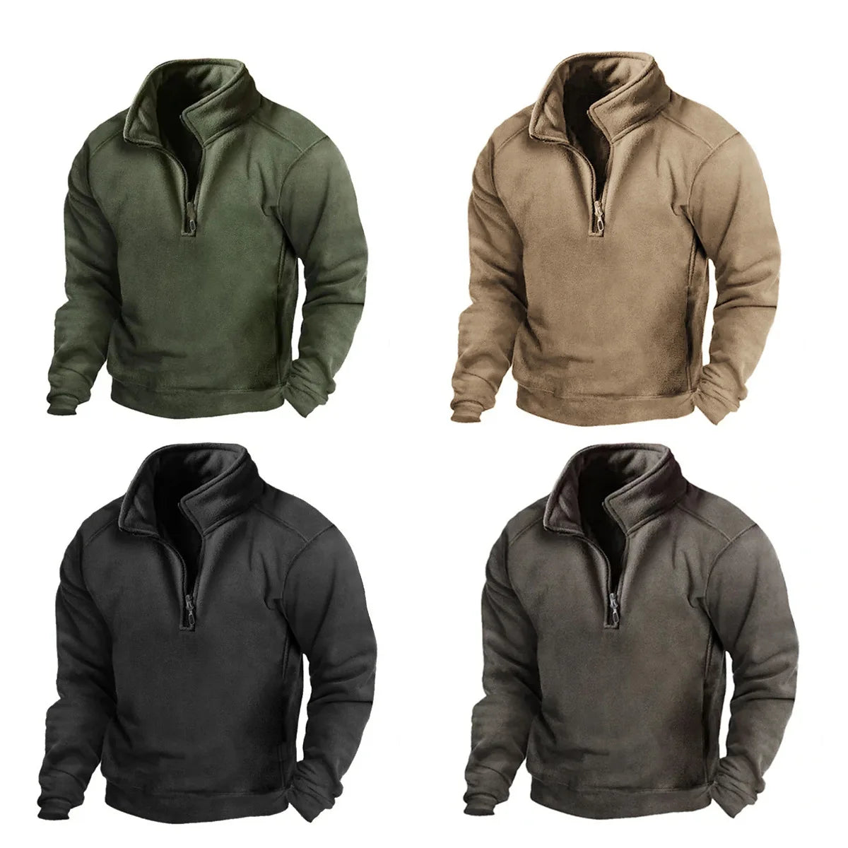 FORUWISH  -  2024 Mens Half-Zip Sweatshirts Autumn Male Stand Collar Loose Solid Color Pullover New Man Trend Casual Army Green Hoodies