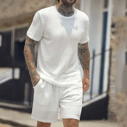 2024 Summer Casual Outfits Mens Solid Color Striped Jacquard Ribbed Two Piece Suits Short Sleeve O Neck Tops And Shorts Men Sets