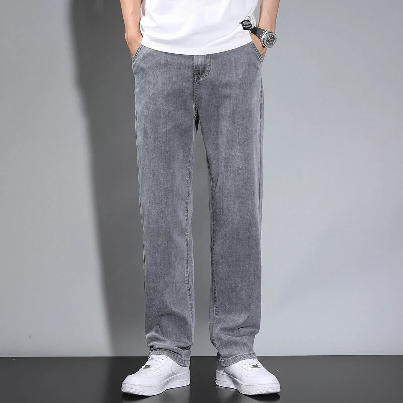 Summer Thin Men's Straight Loose Gray Jeans Soft Fabric Lyocell Fabric Light Colored Casual Pants Male Brand Trousers