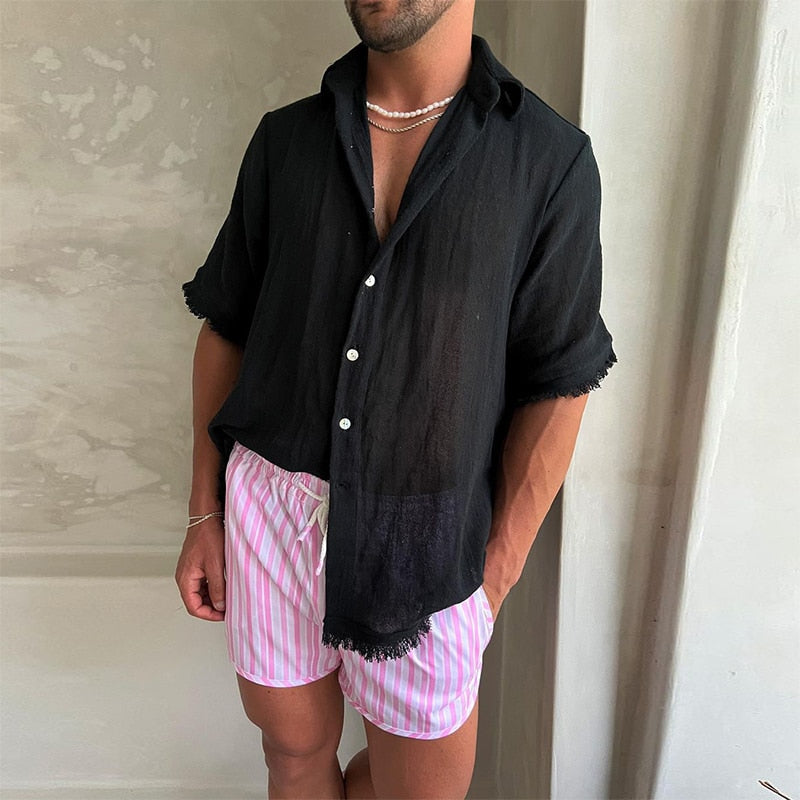 Casual Men's Cotton Linen Shirts Solid Loose Half Sleeve Button-up Lapel Tops Spring Summer Beach Shirt Men Clothes Streetwear