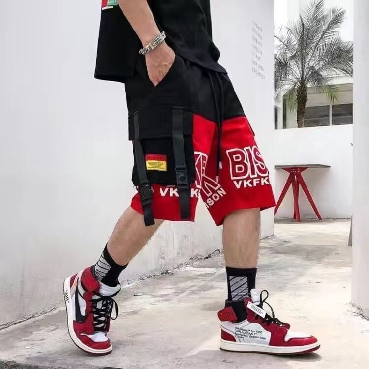 Men's Shorts Cargo Pants Man Casual Shorts Black Cargo Trousers Male Summer Gym Shorts Japanese Hip Hop Techwear Ribbons