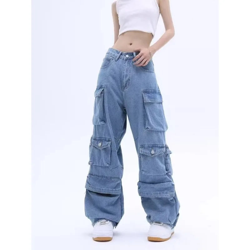 Multi-Pocket Blue Washed Jeans Cargo Pants Y2k Retro Streetwear Fashion High Waist Jeans Couple Harajuku Casual Wide Leg Pants