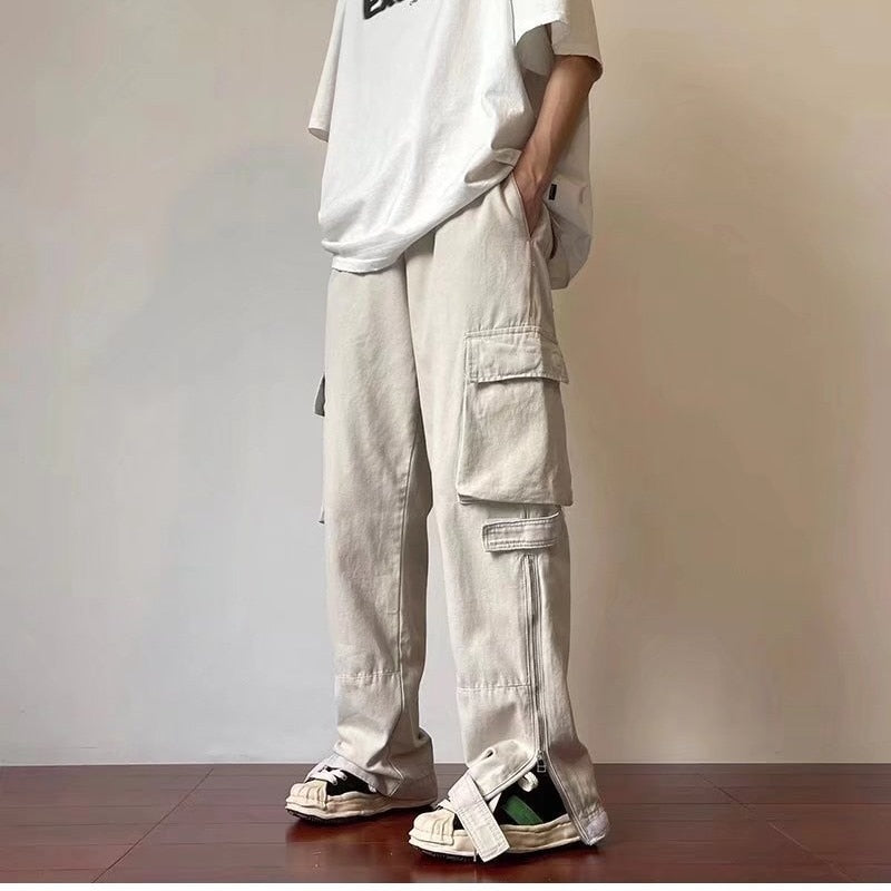 Summer thin American retro Multi Pocket overalls for men trousers and women loose ins fashion brand white straight casual pants