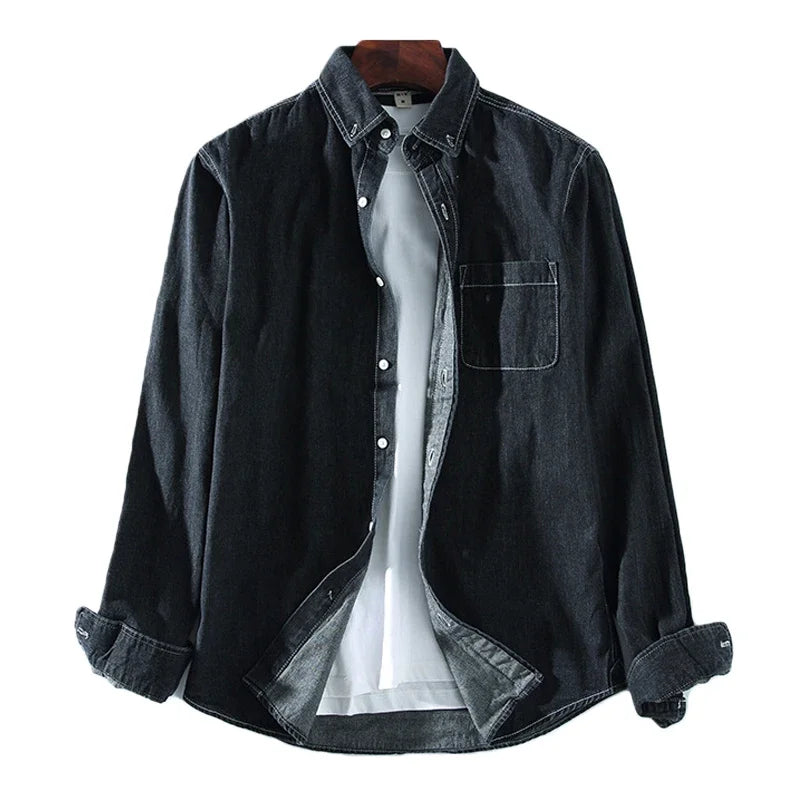 Classic Denim 100% Cotton Men's Shirt Long Sleeve Black Blue Drop Shoulder Button Pockets Cowboy Loose Casual Work Jeans Shirts