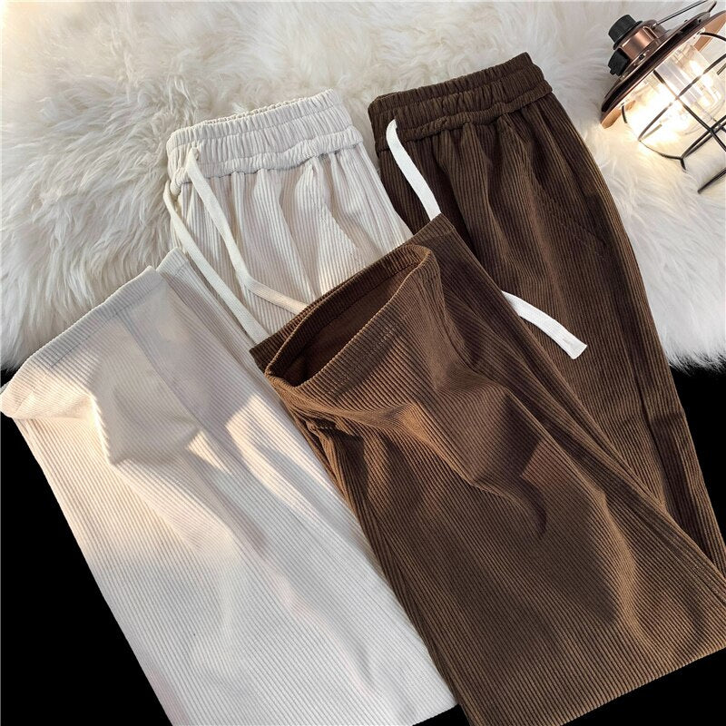 2023 Spring Men's Corduroy Casual Pants Baggy Straight Black Elastic Waist Korean Fashion Streetwear Ankle Wide Leg Sweatpants