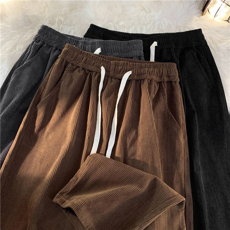 2023 Spring Men's Corduroy Casual Pants Baggy Straight Black Elastic Waist Korean Fashion Streetwear Ankle Wide Leg Sweatpants