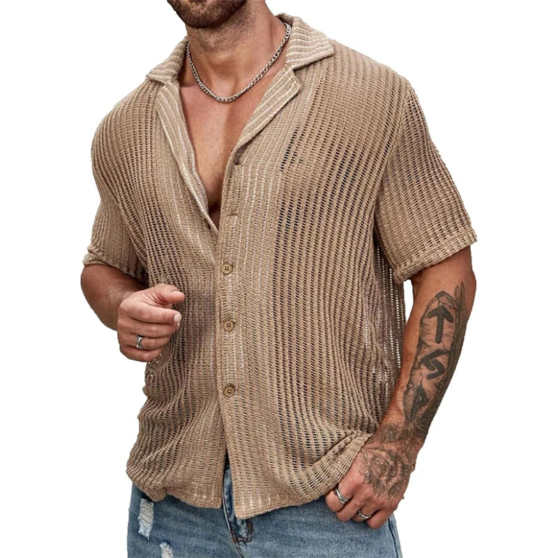 Streetwear Fashion Knitwear Mens Shirt Sexy See Through Knit Tops Men Summer Casual Button Lapel Short Sleeve Hollow Out Shirt