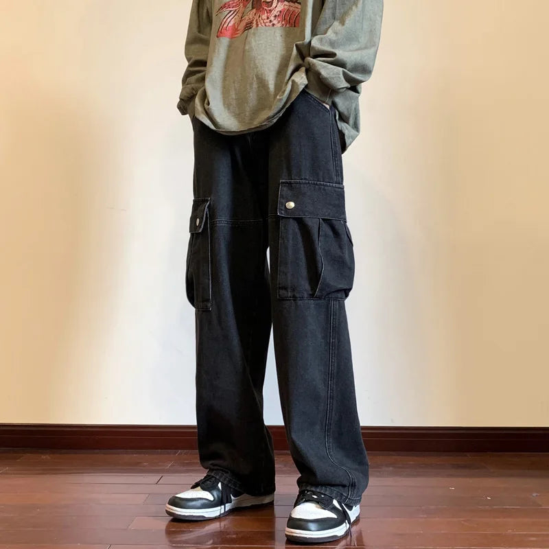 Wide Leg Cargo Pants Autumn New Streetwear Baggy Hip Hop Jeans Big Pockets Men Korean Fashion Loose Straight Male Clothing Blue