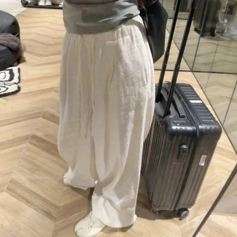 White Basic Linen Women Pants Elastic Waist Harajuku Korean Fashion Baggy Trousers Female Thin Oversized Casual Summer