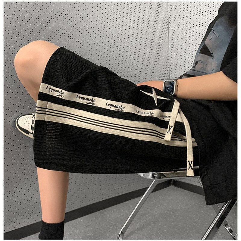 Mens Sport Shorts Striped High Street Wide Leg Half Pants Patchwork Hong Kong Style Loose Breeches 2023 Summer Men Gym Clothes