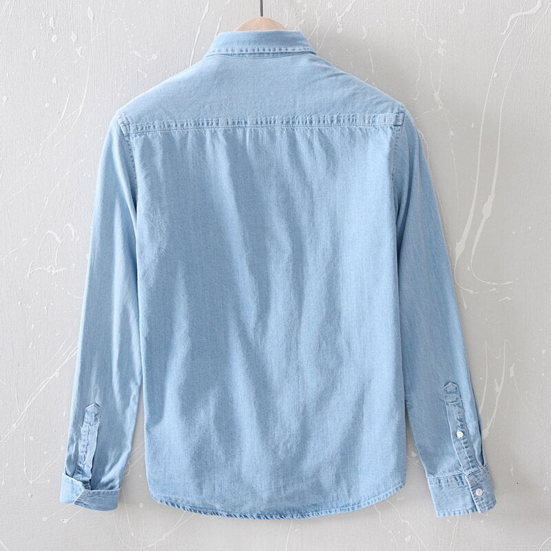 100% Cotton Denim Shirts For Men Korean Fashion Mens Cowboy Blue Blouse Long Sleeve Jean Shirts Male Casual Tops Clothing