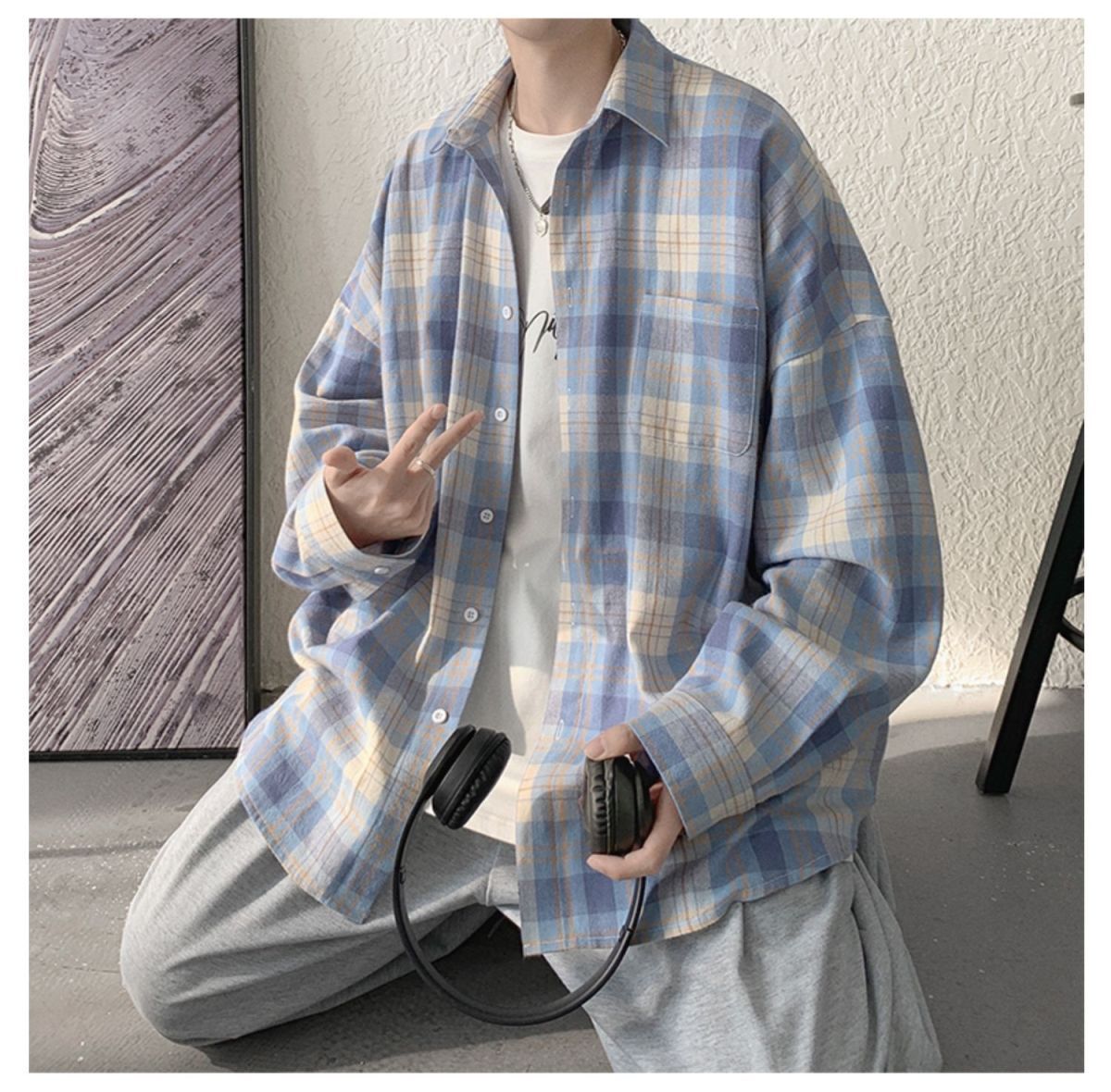 Spring Autumn Men's Casual Loose Versatile Tops Coat Cool Boys Solid Vertical Soft Breathable Plaid Long Sleeve T-Shirt