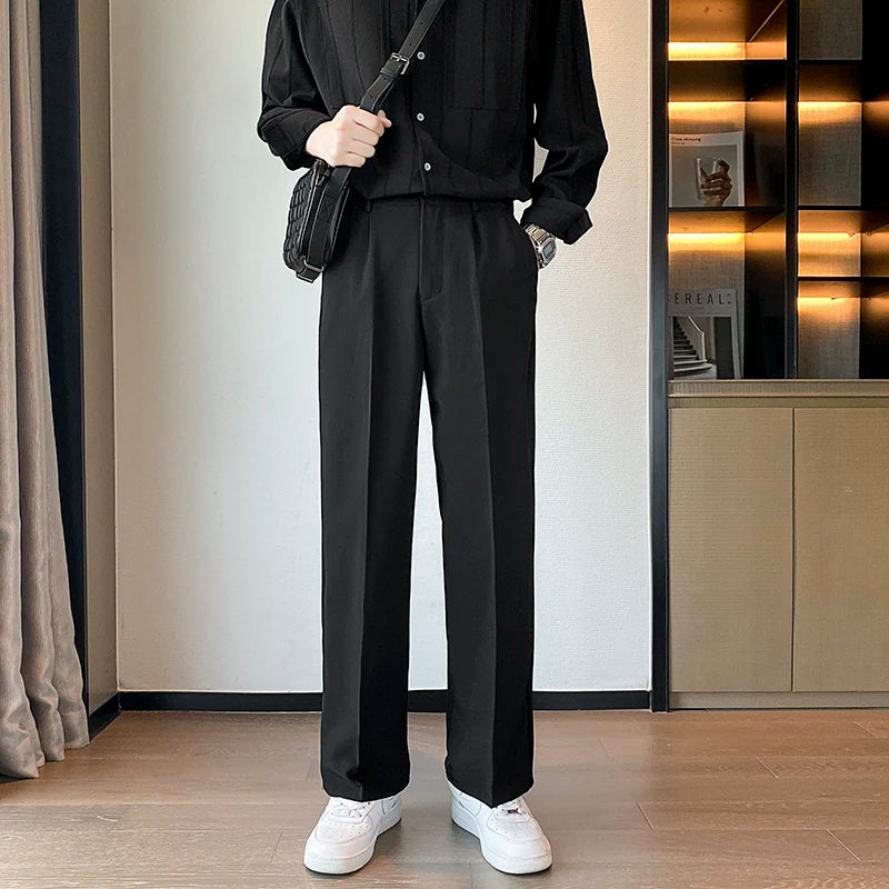 Spring Summer Men Suit Pants Wide Leg Long Drape Trousers Fashion Streetwear Clothing Solid Stretch Waist Oversize Pants Black