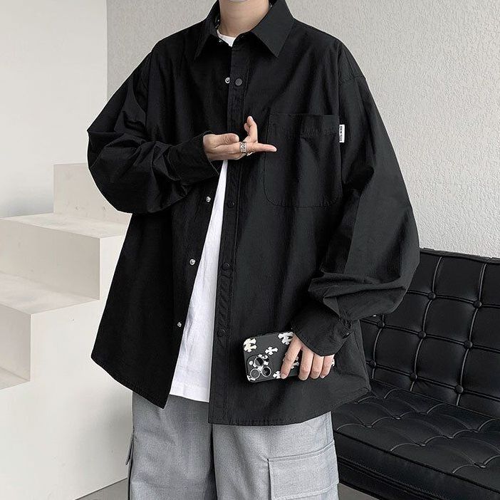 Spring Autumn Fashion Men's Solid Casual T-Shirt Loose Cool Boy Soft Versatile Tops Students Buttons Coat College Style Pocket