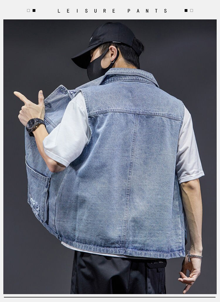 Spring Autumn All Season AllMatche Fashion Men's Solid PocketCool Boy Casual Loose Safari Style Tess Button Vest Denim jacket