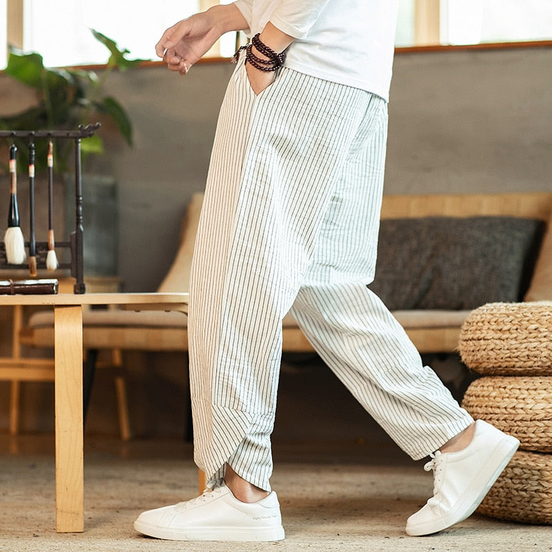 Chinese Style Men's Pants Summer New Striped Cotton Linen Wide Leg Casual Oversized Harem Pants Lantern Trousers Male Clothing